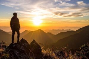 Person standing on a mountaintop at sunset, symbolizing contemplation and decisions in the face of significant financial changes.